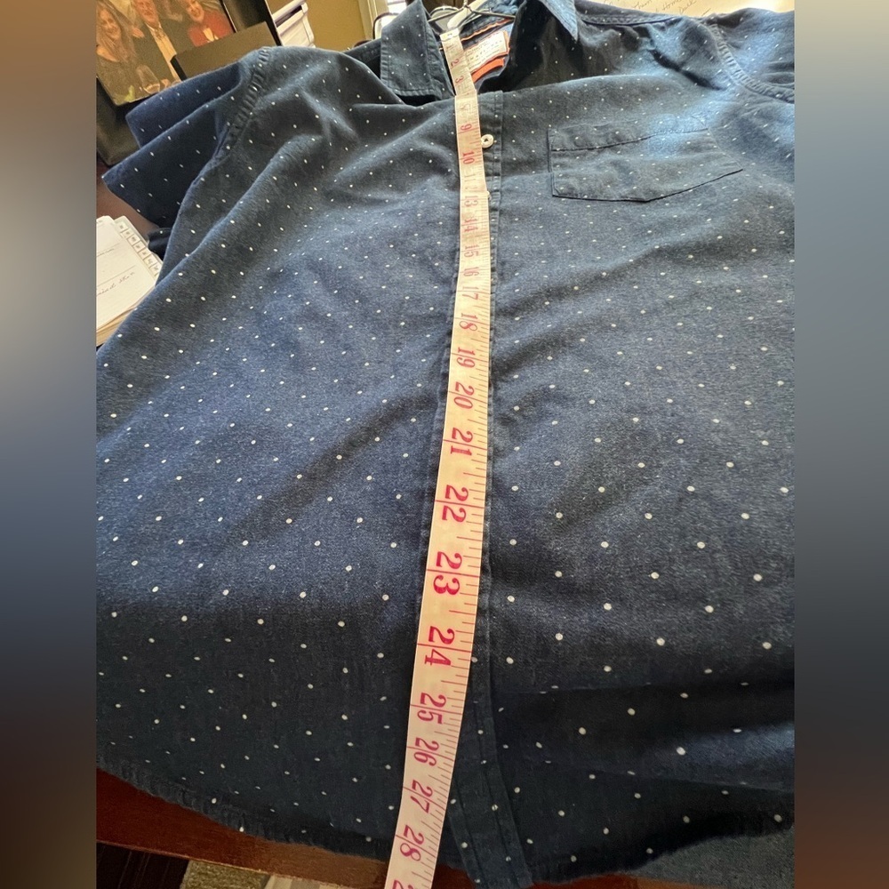 DENIM & FLOWER MEN’S SHORT SLEEVE SHIRT. SIZE LARGE SLIM FIT BLUE W/WHITE DOTS - Picture 7 of 8